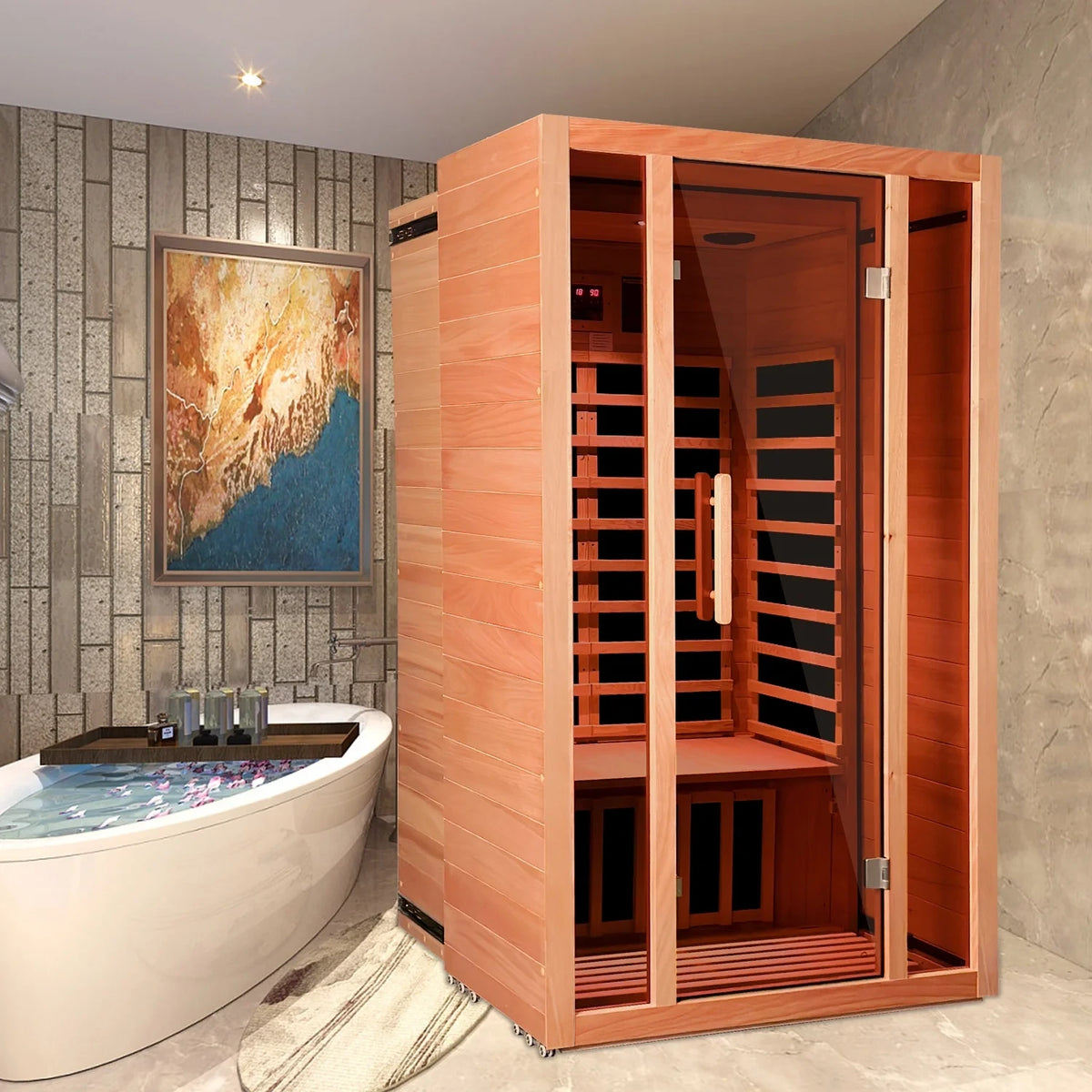 2 Person Extendable FAR Infrared Sauna for Home, Hemlock Wood Low EMF 6 Carbon Heaters Indoor Saunas with LED Lights, Bluetooth Speaker, Digital Control Panel, and Seating Bench — product view 2