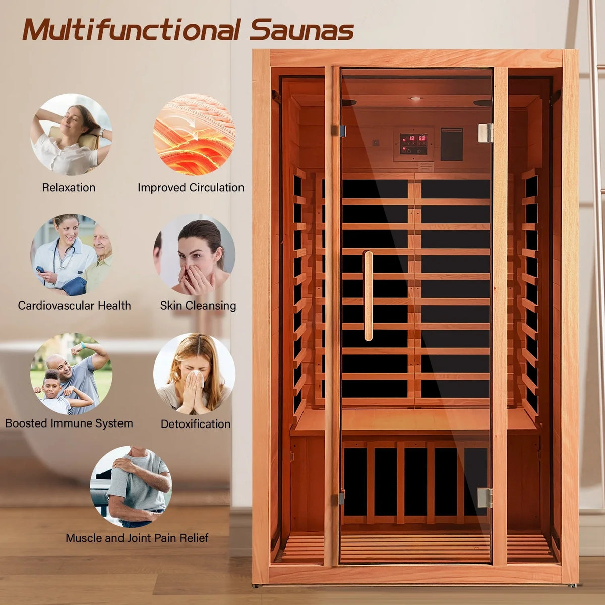 2 Person Extendable FAR Infrared Sauna for Home, Hemlock Wood Low EMF 6 Carbon Heaters Indoor Saunas with LED Lights, Bluetooth Speaker, Digital Control Panel, and Seating Bench — product view 4