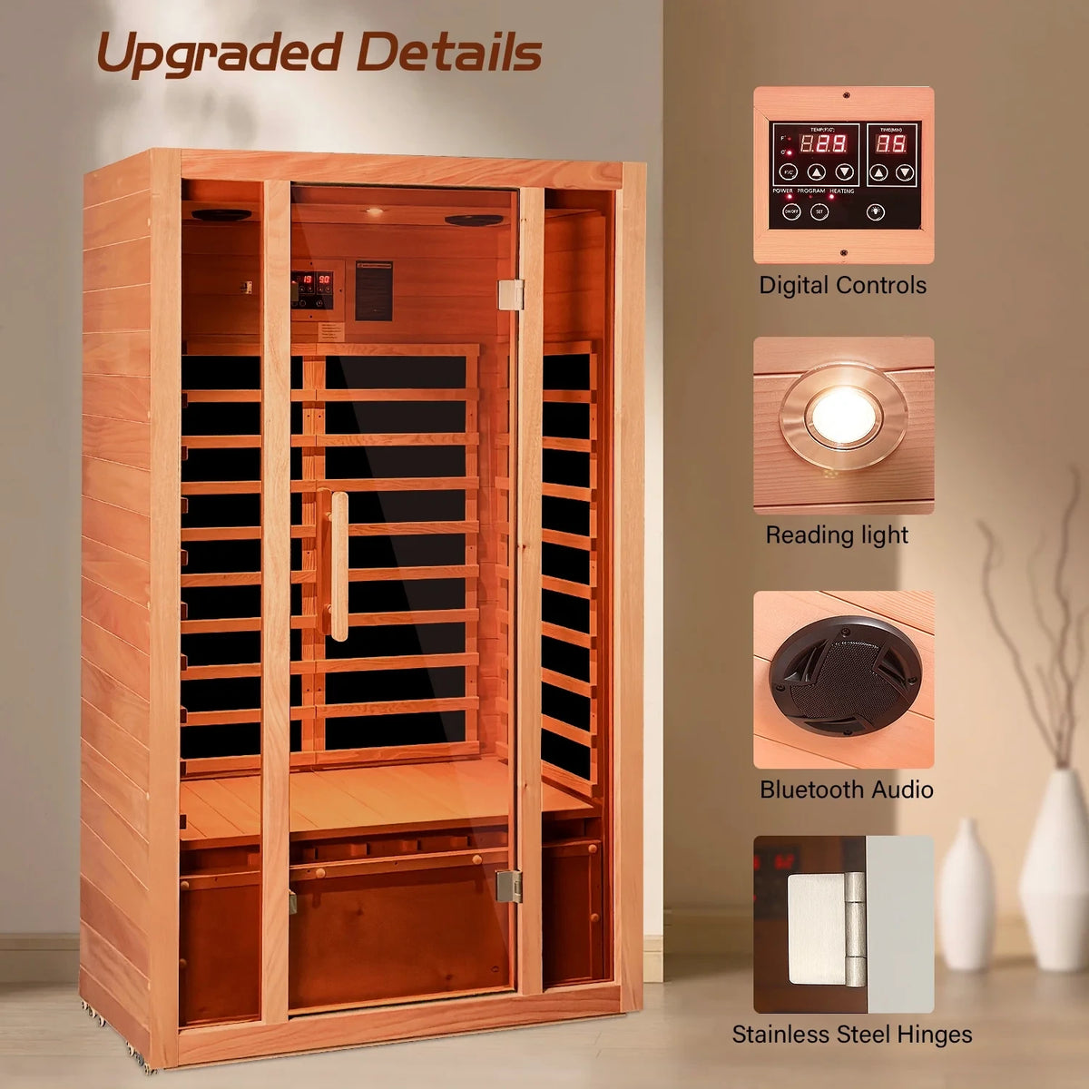 2 Person Extendable FAR Infrared Sauna for Home, Hemlock Wood Low EMF 6 Carbon Heaters Indoor Saunas with LED Lights, Bluetooth Speaker, Digital Control Panel, and Seating Bench — product view 5
