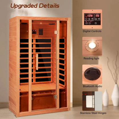 2 Person Extendable FAR Infrared Sauna for Home, Hemlock Wood Low EMF 6 Carbon Heaters Indoor Saunas with LED Lights, Bluetooth Speaker, Digital Control Panel, and Seating Bench — product view 5