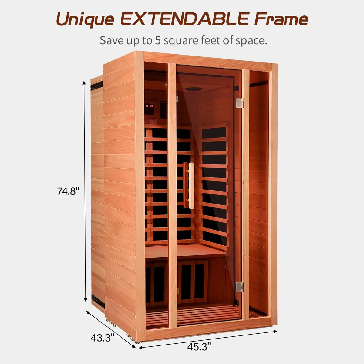 2 Person Extendable FAR Infrared Sauna for Home, Hemlock Wood Low EMF 6 Carbon Heaters Indoor Saunas with LED Lights, Bluetooth Speaker, Digital Control Panel, and Seating Bench — product view 10