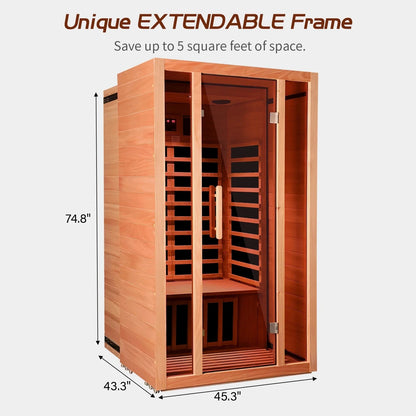 2 Person Extendable FAR Infrared Sauna for Home, Hemlock Wood Low EMF 6 Carbon Heaters Indoor Saunas with LED Lights, Bluetooth Speaker, Digital Control Panel, and Seating Bench — product view 10