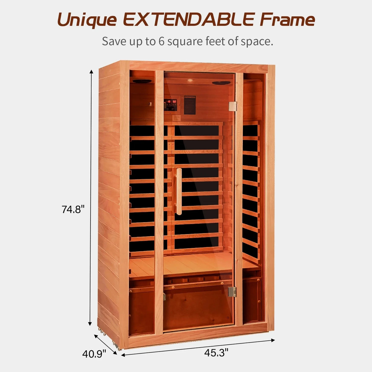2 Person Extendable FAR Infrared Sauna for Home, Hemlock Wood Low EMF 6 Carbon Heaters Indoor Saunas with LED Lights, Bluetooth Speaker, Digital Control Panel, and Seating Bench — product view 11