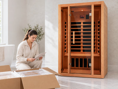 Why shop with us: 2 Person Extendable FAR Infrared Sauna for Home, Hemlock Wood Low EMF 6 Carbon Heaters Indoor Saunas with LED Lights, Bluetooth Speaker, Digital Control Panel, and Seating Bench