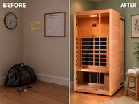 1 Person Extendable FAR Infrared Sauna for Home, Hemlock Wood Low EMF 6 Carbon Heaters Indoor Saunas with LED Lights, Bluetooth Speaker, Digital Control Panel, and Seating Bench — Before & After