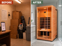 1 Person Extendable FAR Infrared Sauna for Home, Hemlock Wood Low EMF 6 Carbon Heaters Indoor Saunas with LED Lights, Bluetooth Speaker, Digital Control Panel, and Seating Bench — Before & After