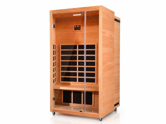 1 Person Extendable FAR Infrared Sauna for Home, Hemlock Wood Low EMF 6 Carbon Heaters Indoor Saunas with LED Lights, Bluetooth Speaker, Digital Control Panel, and Seating Bench — Studio Shot