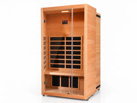1 Person Extendable FAR Infrared Sauna for Home, Hemlock Wood Low EMF 6 Carbon Heaters Indoor Saunas with LED Lights, Bluetooth Speaker, Digital Control Panel, and Seating Bench — Studio Shot